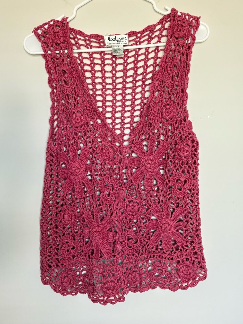 Vintage Crochet Knit Button Front Vest Pink floral OS